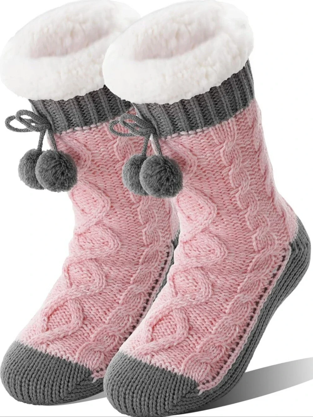 Cozy Cable Knit Fleece-Lined Women’s Slipper Socks - Pink & Gray
